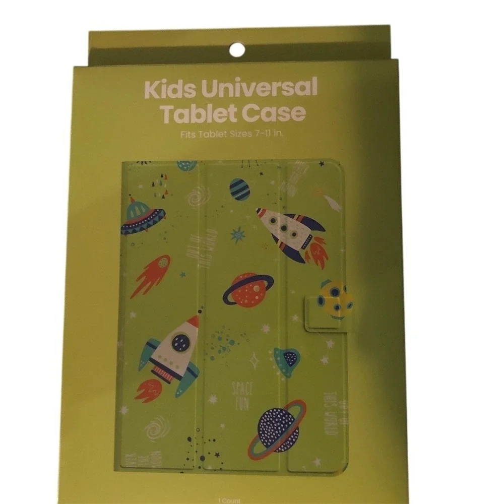 Kids Universal Tablet Folio Case 7-11 in Green Space Rockets Stand